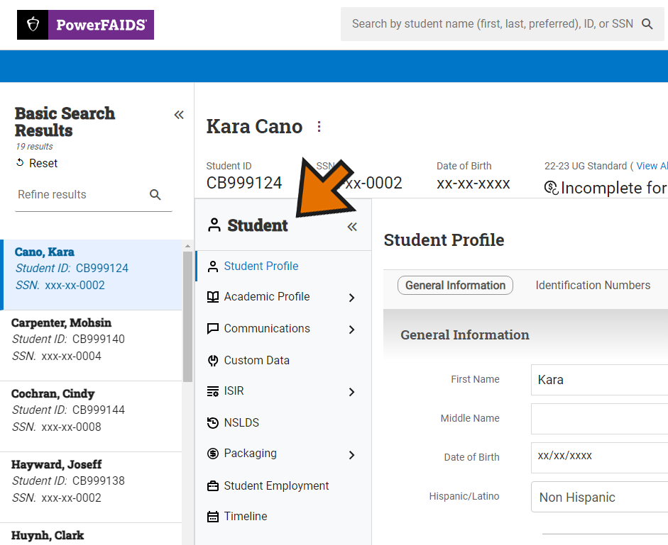 Student record with middle navigation panel highlighted