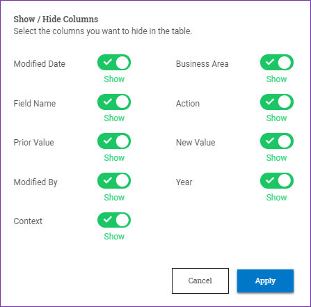 Show/Hide Columns window