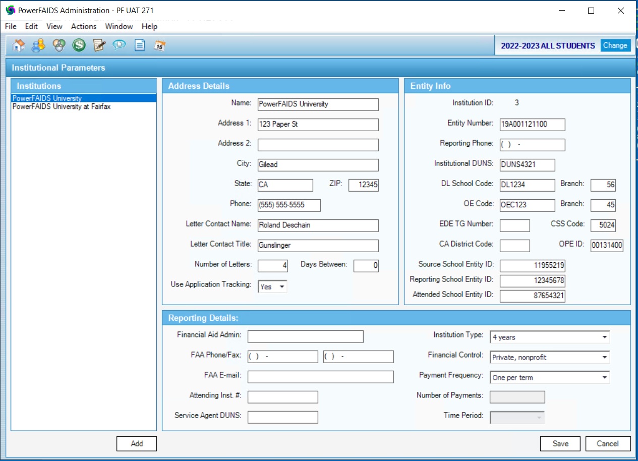 Insititutional Parameters window in PowerFAIDS Desktop