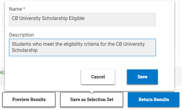 Save as selection set window