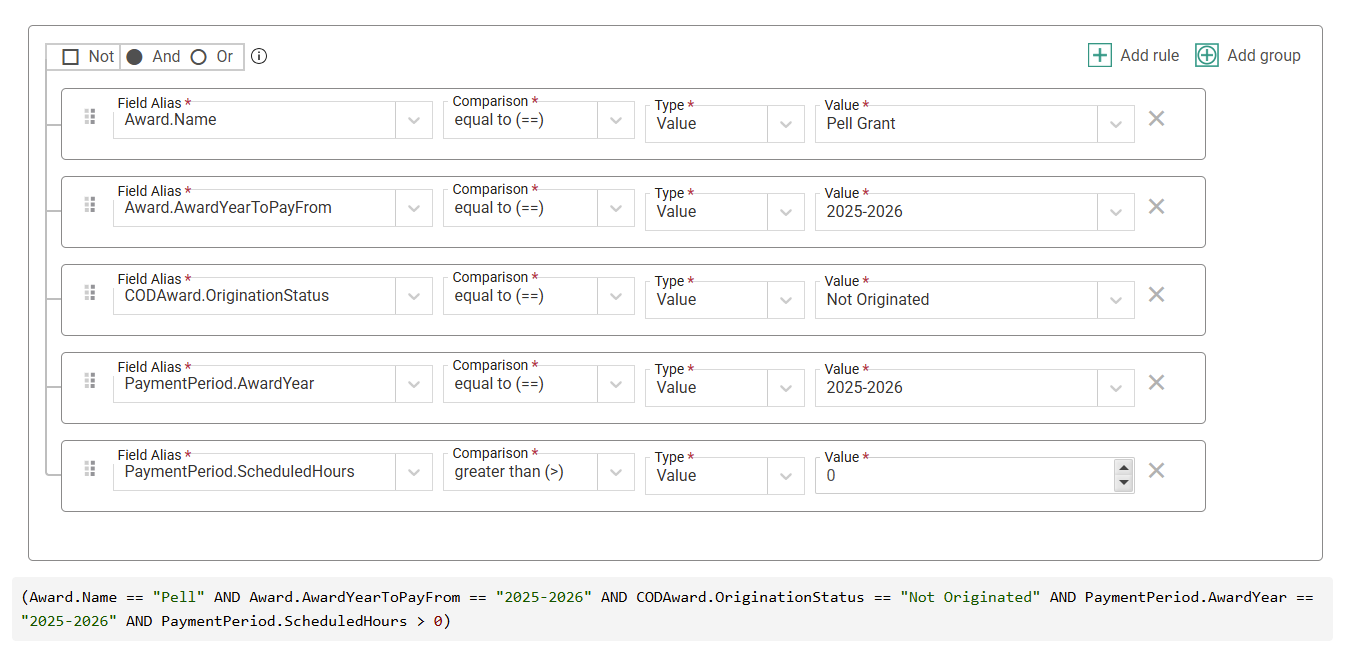 selection set for identifying students to include in the COD origination export process