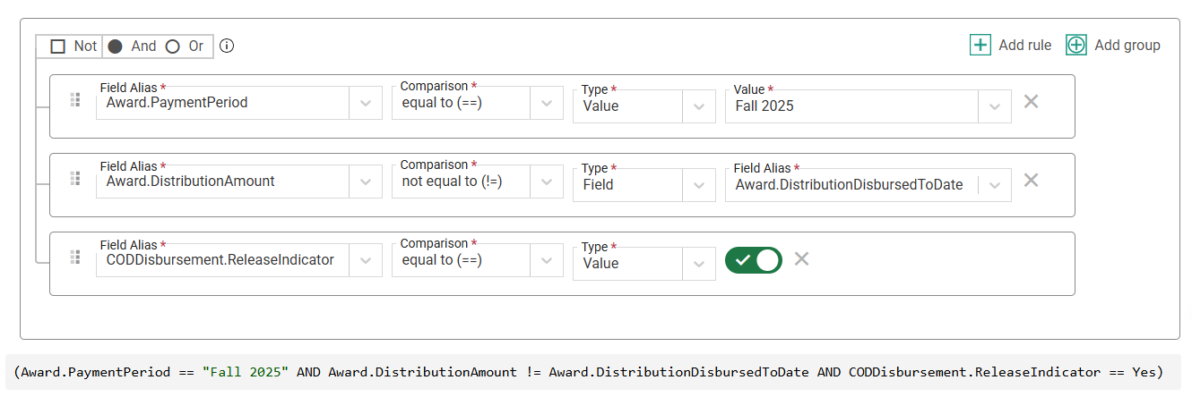 selection set for identifying students to include in the disbursement authorization export process