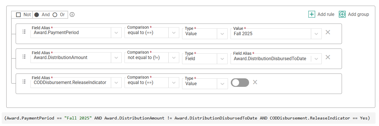 selection set for identifying students to include in the disbursement authorization export process