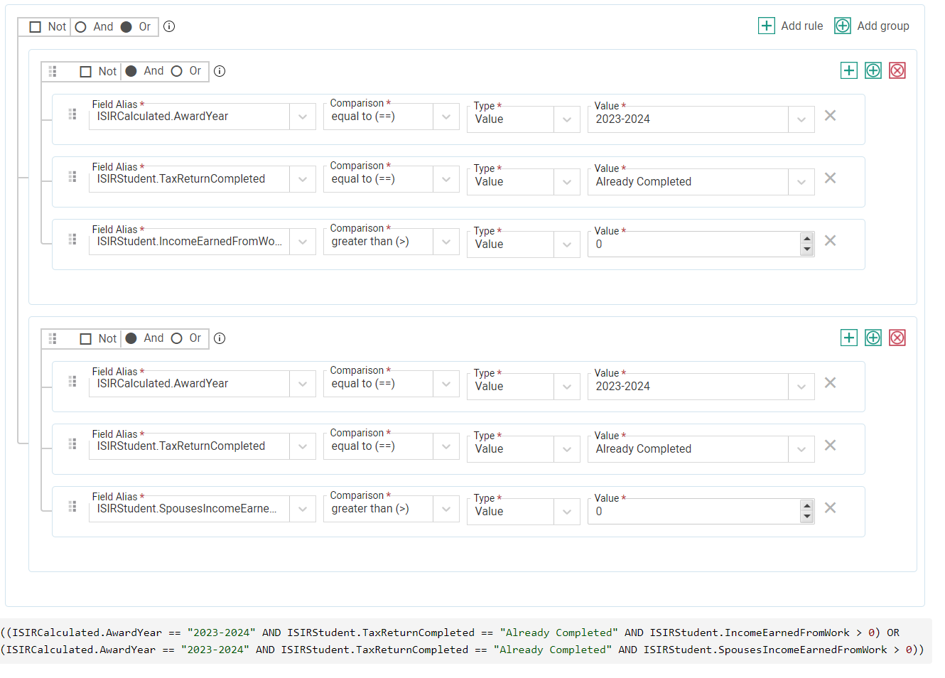 Selection set with two groups of three rules each connected by an Or connector; one group looks for student income above 0 and the other for spouse income above 0
