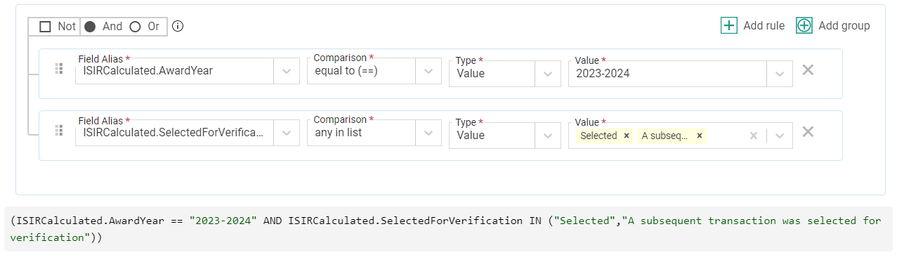 A selection set with two rules which is searching for students who were selected for verification in the 2023-2024 award year
