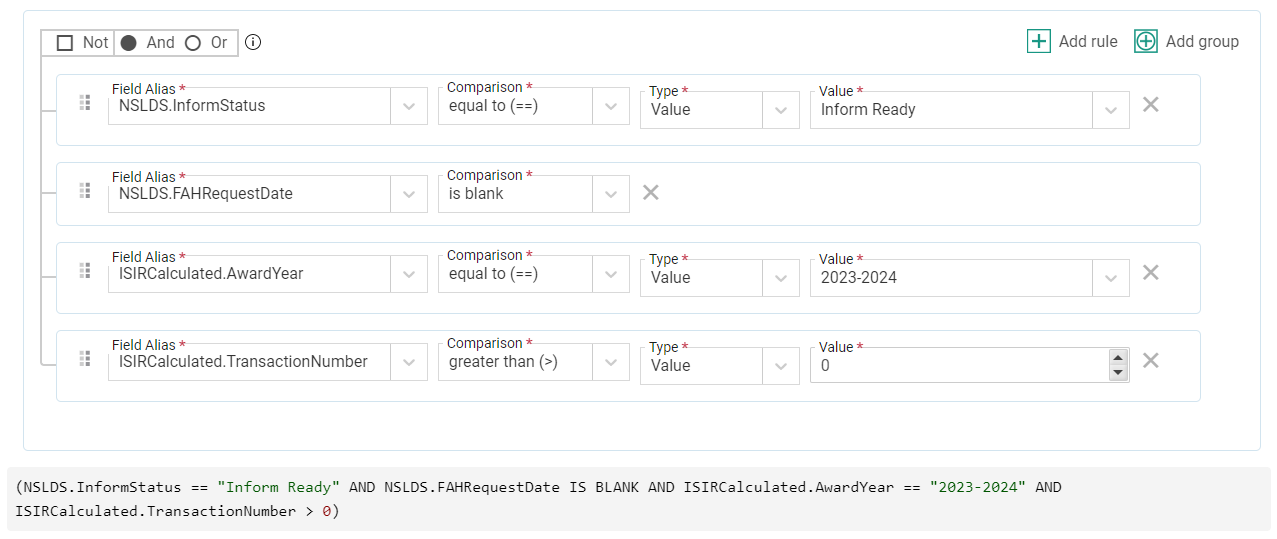 selection set when exporting requests for NSLDS Financial Aid History