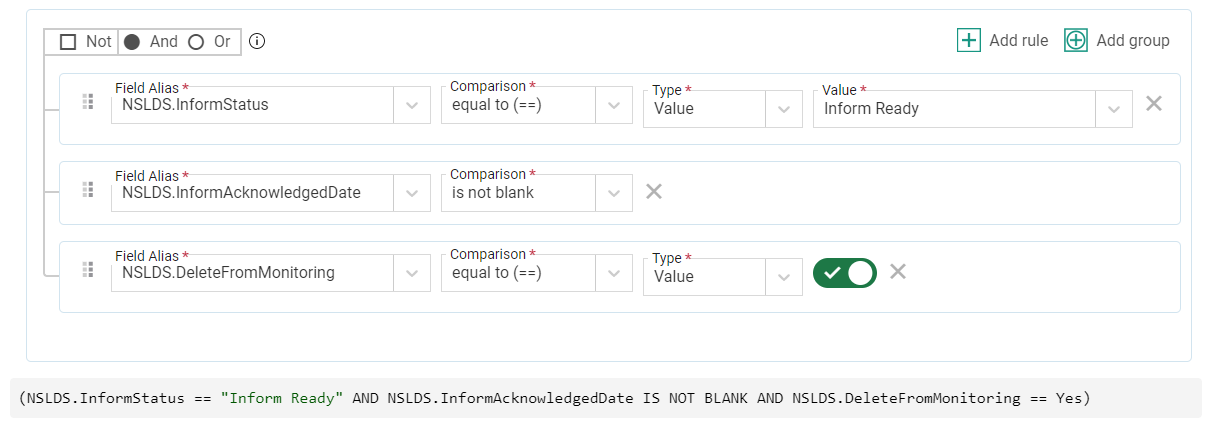 selection set when deleting students from NSLDS Transfer Student Monitoring example