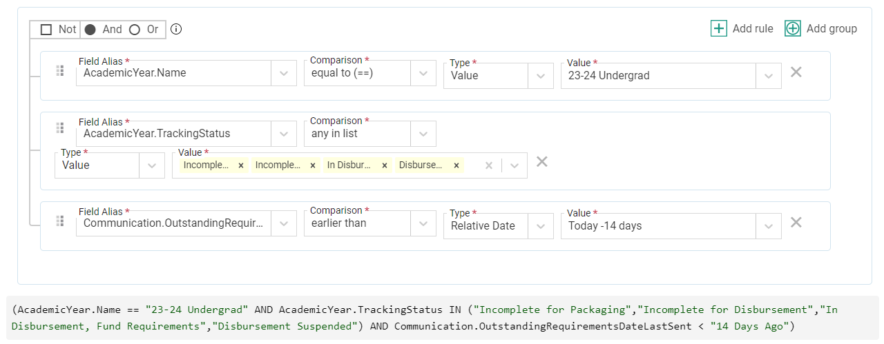 selection set for sending subsequent outstanding requirement notification example