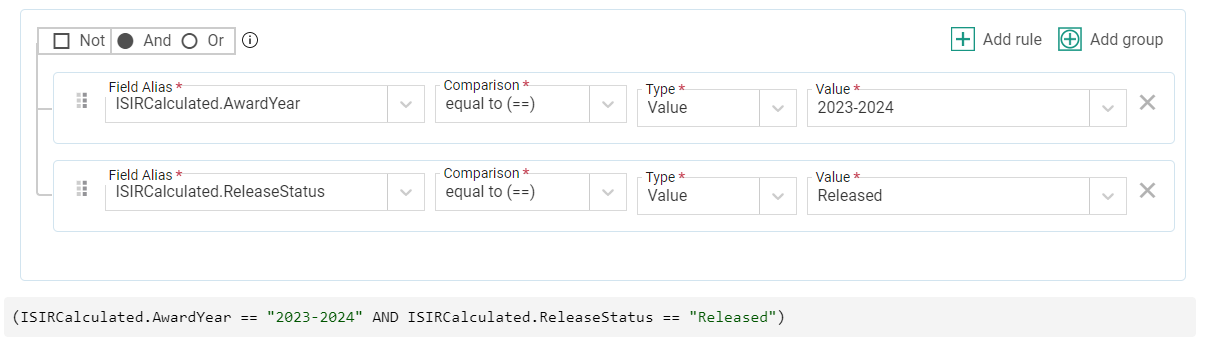 selection set when exporting ISIR corrections