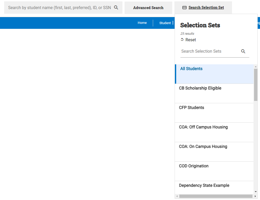 Selection Sets list in the application header