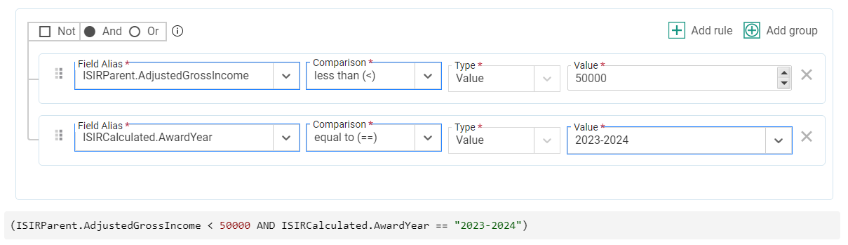 Advanced search window with two rules entered