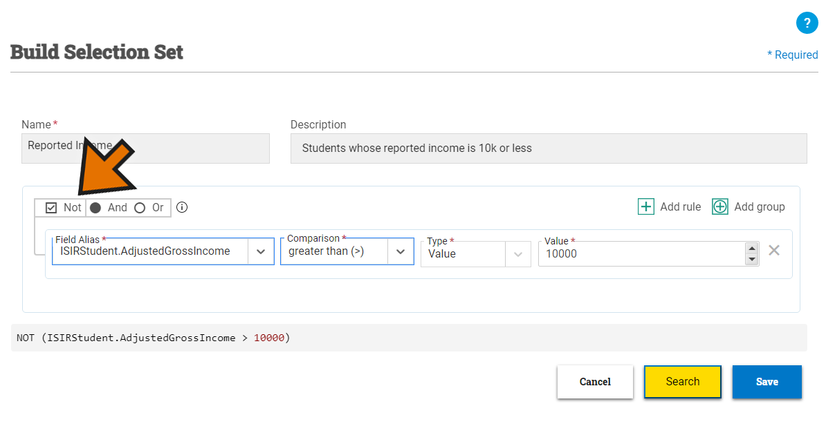 selection set with one rule looking for students with an AGI value that is not greater than $10000