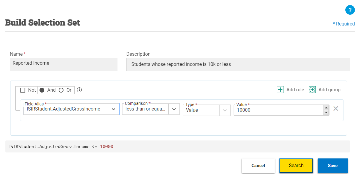 selection set with one rule looking for students with an AGI value of less than or equal to $10000