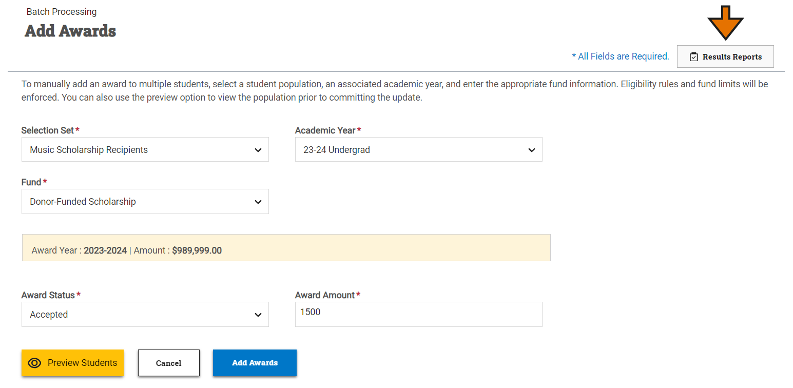 Add Awards page shown with the Results Reports button highlighted at the top right of the screen