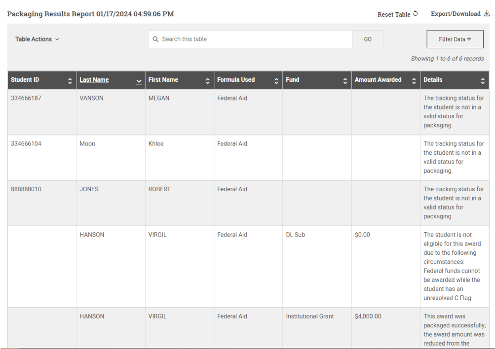 Batch Packaging results report window