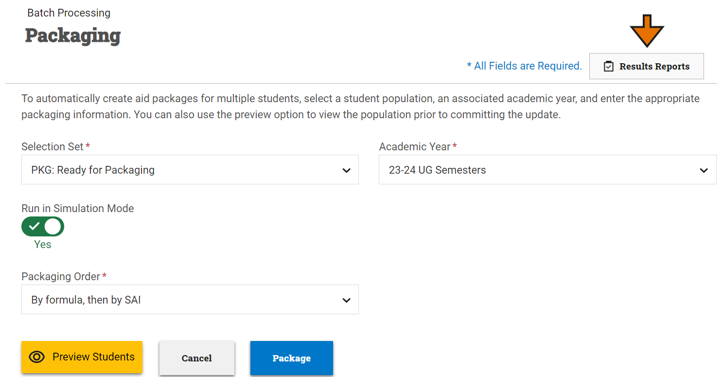 Packaging page shown with the Results Reports button highlighted at the top right of the screen