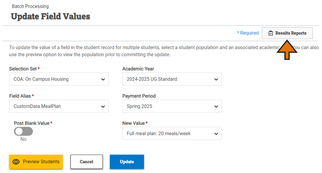 Update Field Values page shown with the Results Reports button highlighted at the top right of the screen