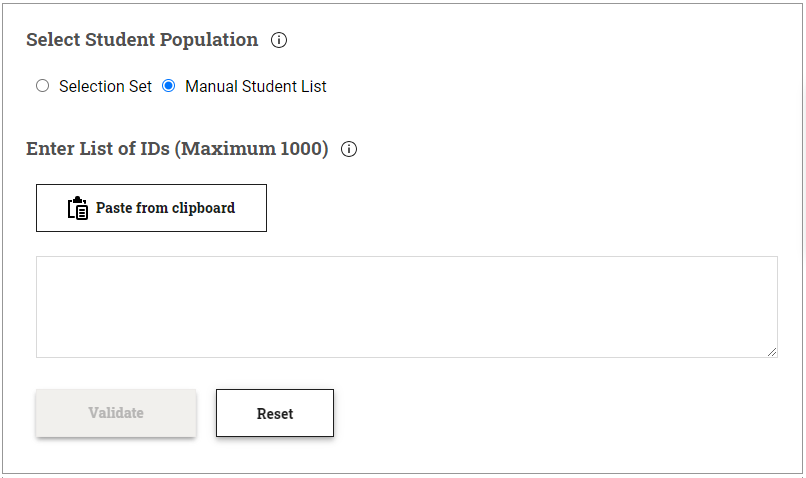 Select Student Population section of process flow with Manual Student List option selected