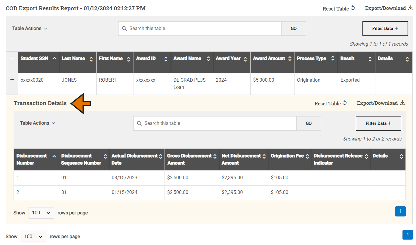 Results Report with a row expanded and the Transaction Details section highlighted