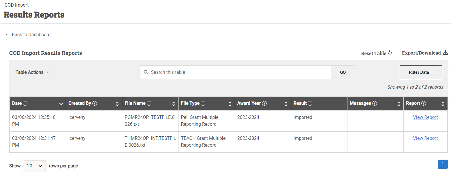 cod import results reports