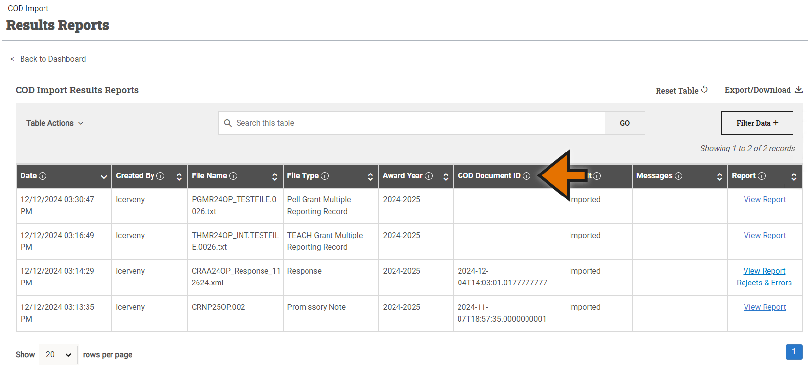 COD Import Results Report list with the Document ID column highlighted