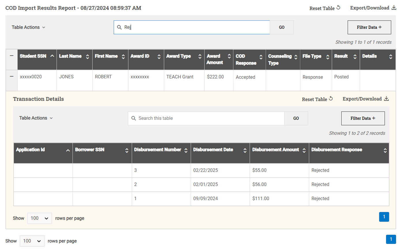 review student data in the COD Response file