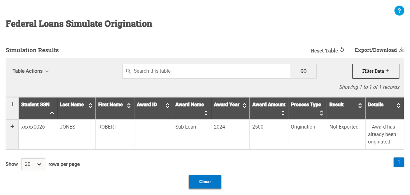 Simulation Origination window open with results