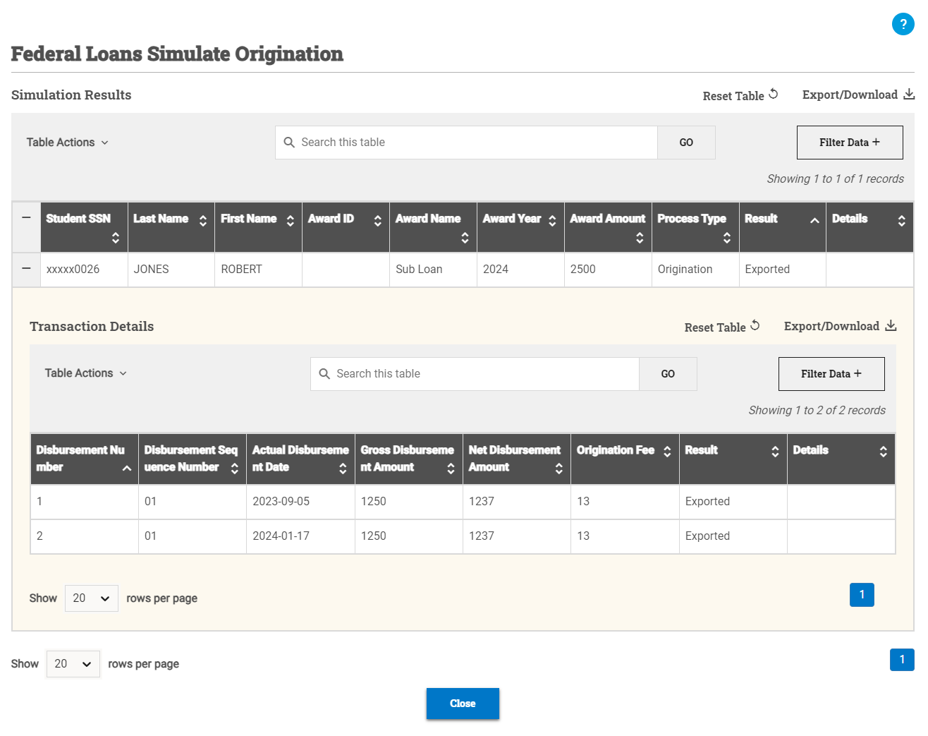 Simulate Origination window open with the transaction details expanded