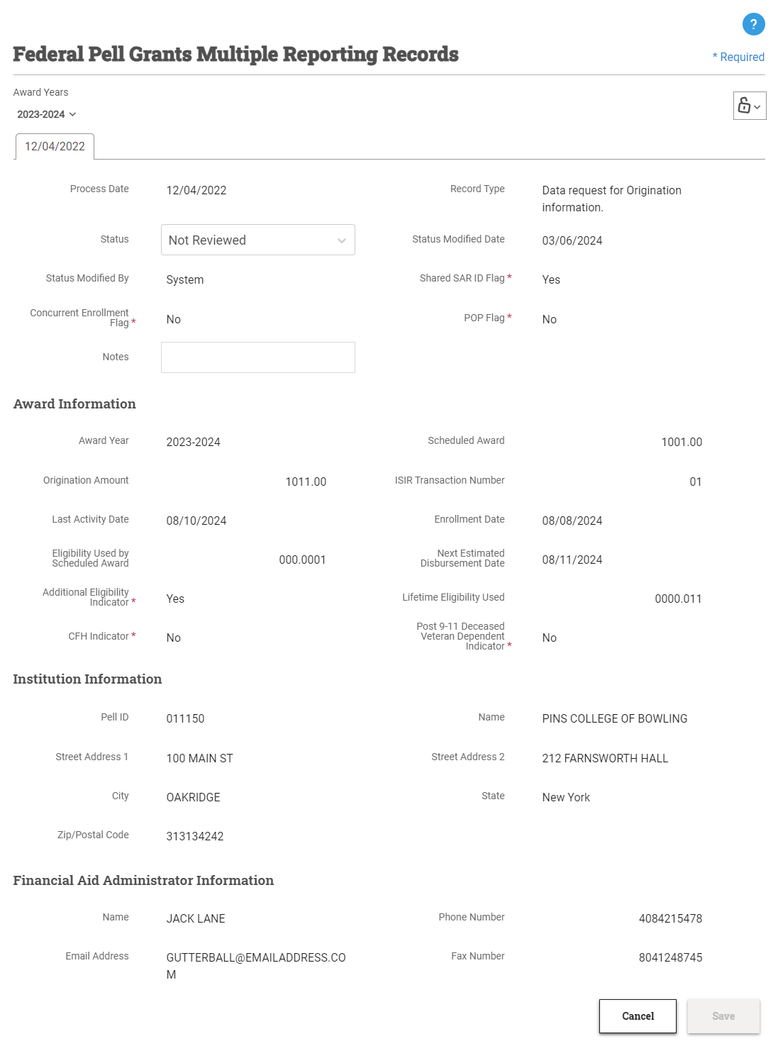 Multiple Reporting Records window