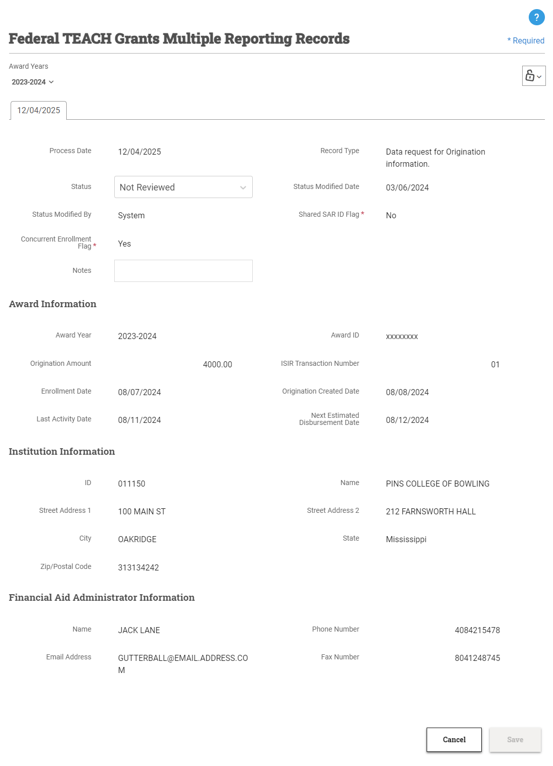 Multiple Reporting Records window