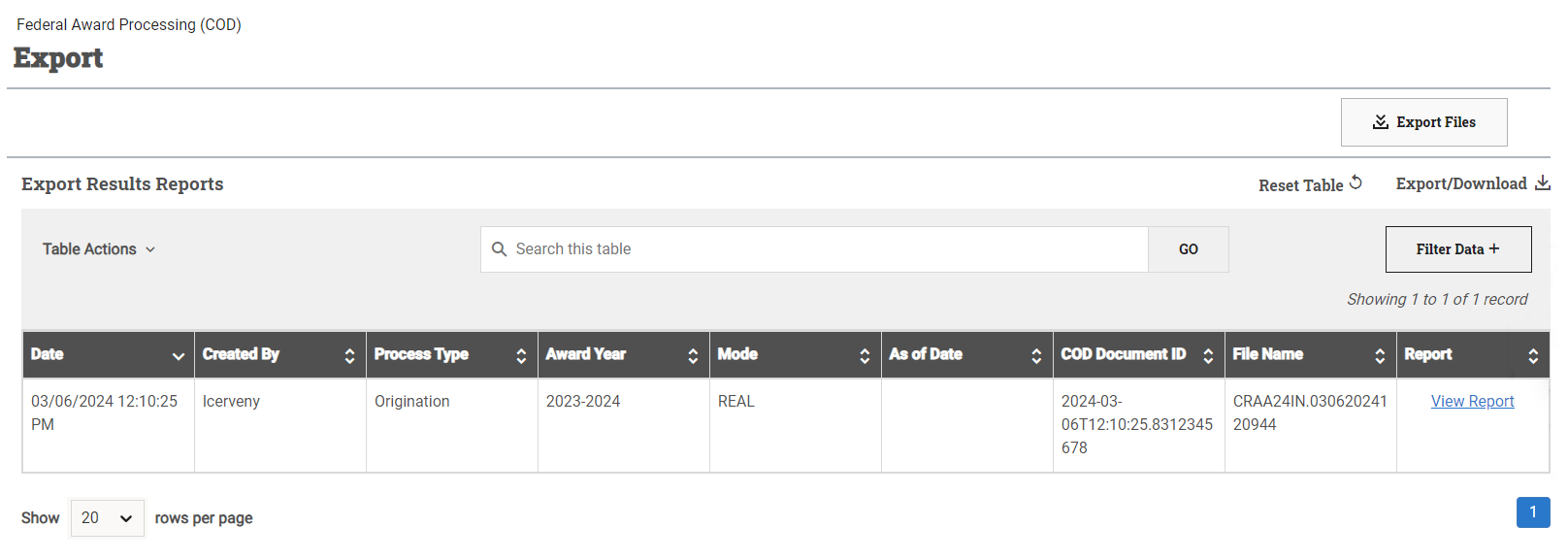 COD export dashboard