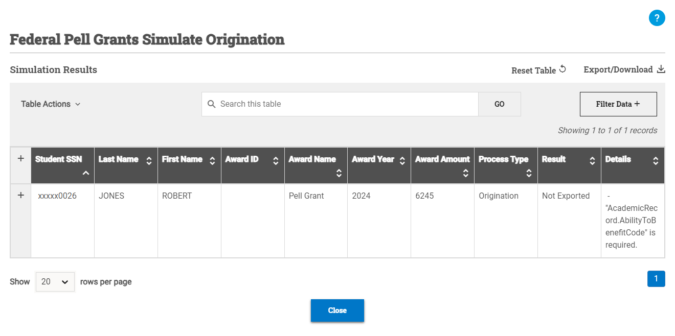 Simulation Origination window open with results