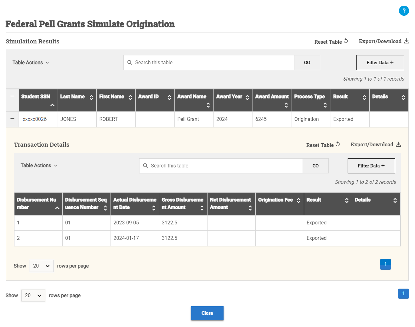 Simulate Origination window open with the transaction details expanded