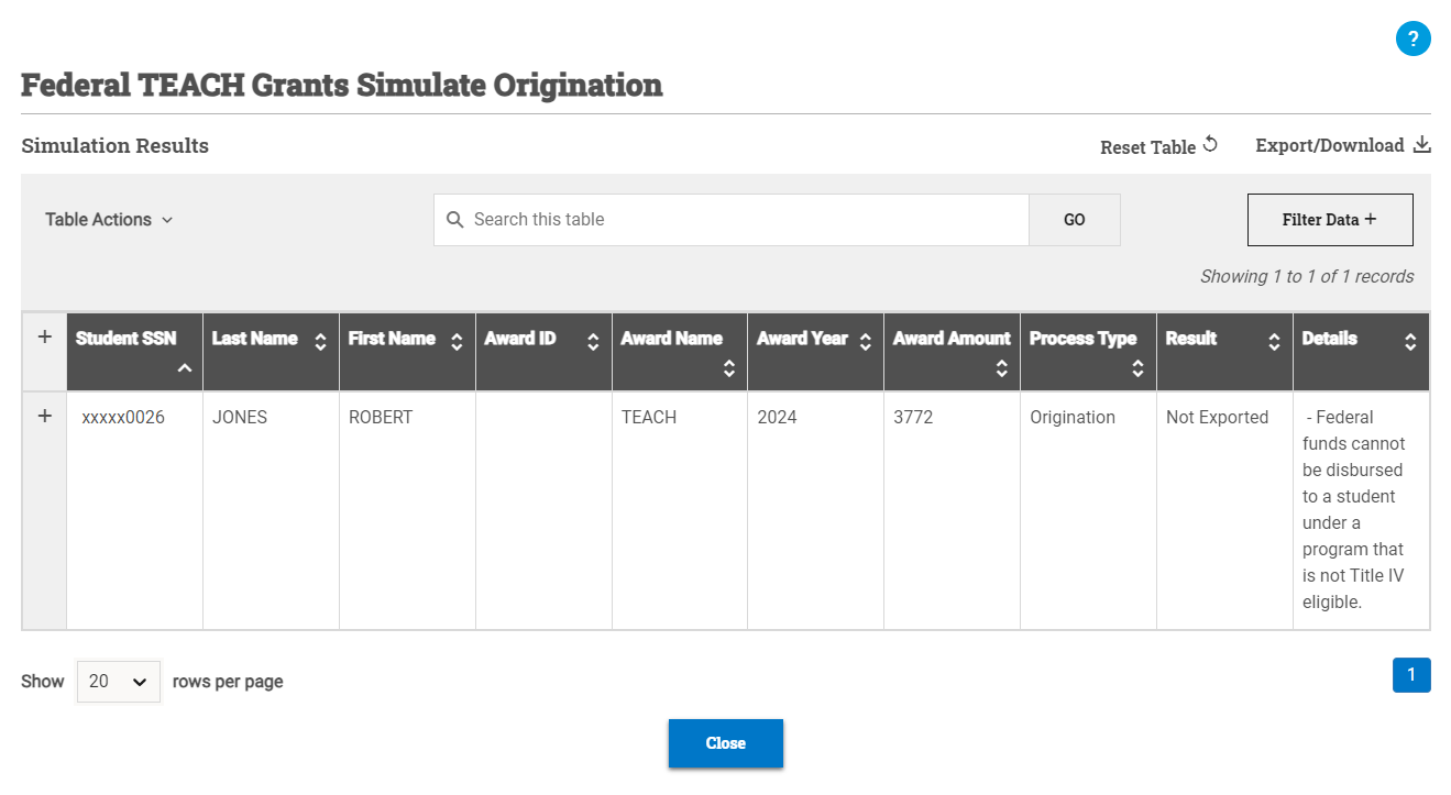 Simulation Origination window open with results