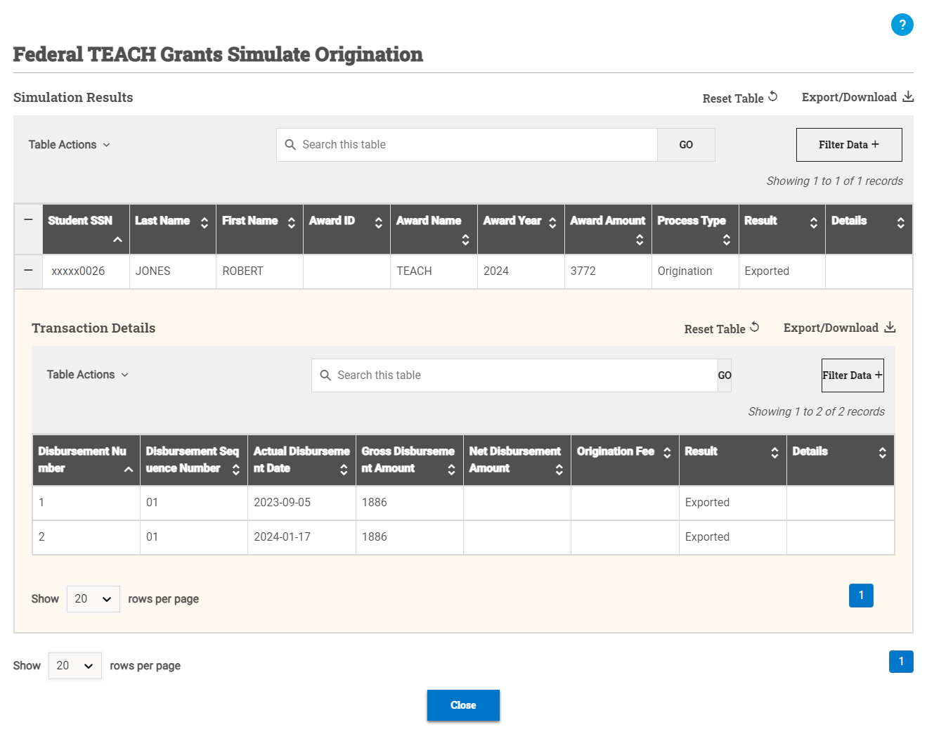 Simulate Origination window open with the transaction details expanded