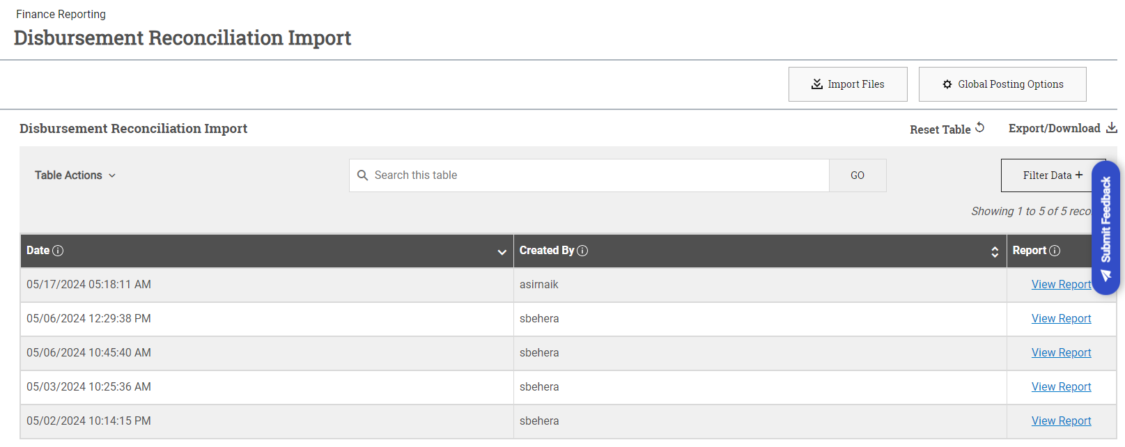 Disbursement Reconciliation Import dashboard