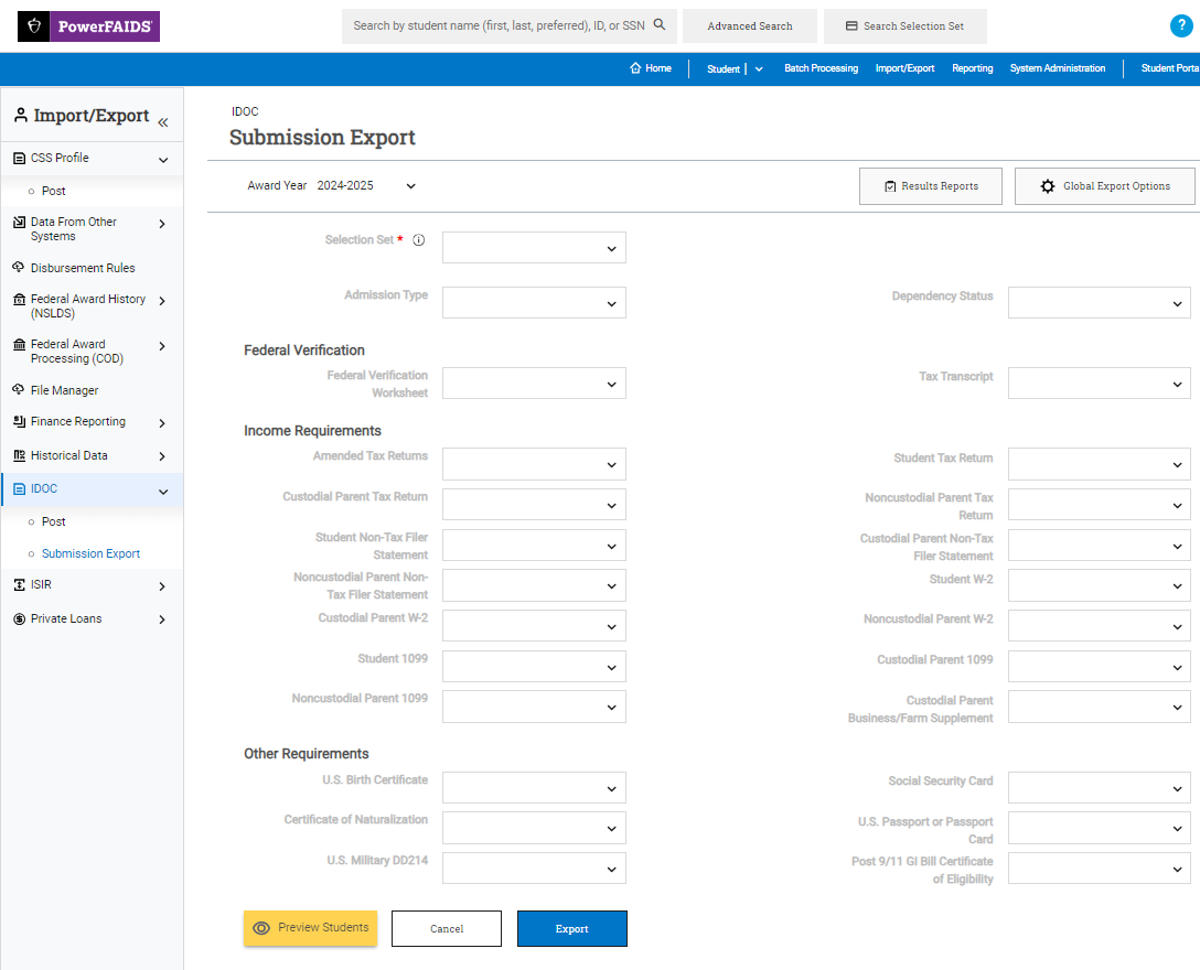 IDOC Submission Export page in PowerFAIDS Cloud