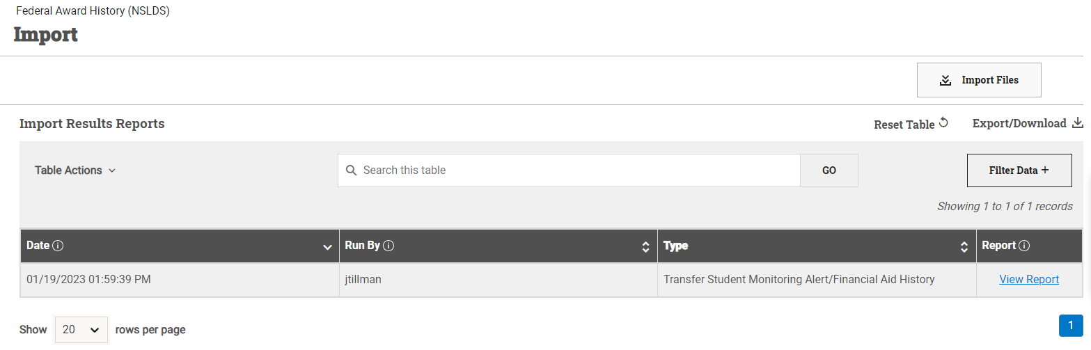 NSLDS import dashboard