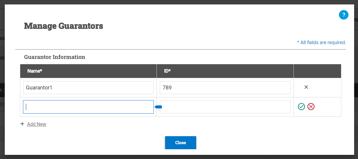 Manage Guarantors window