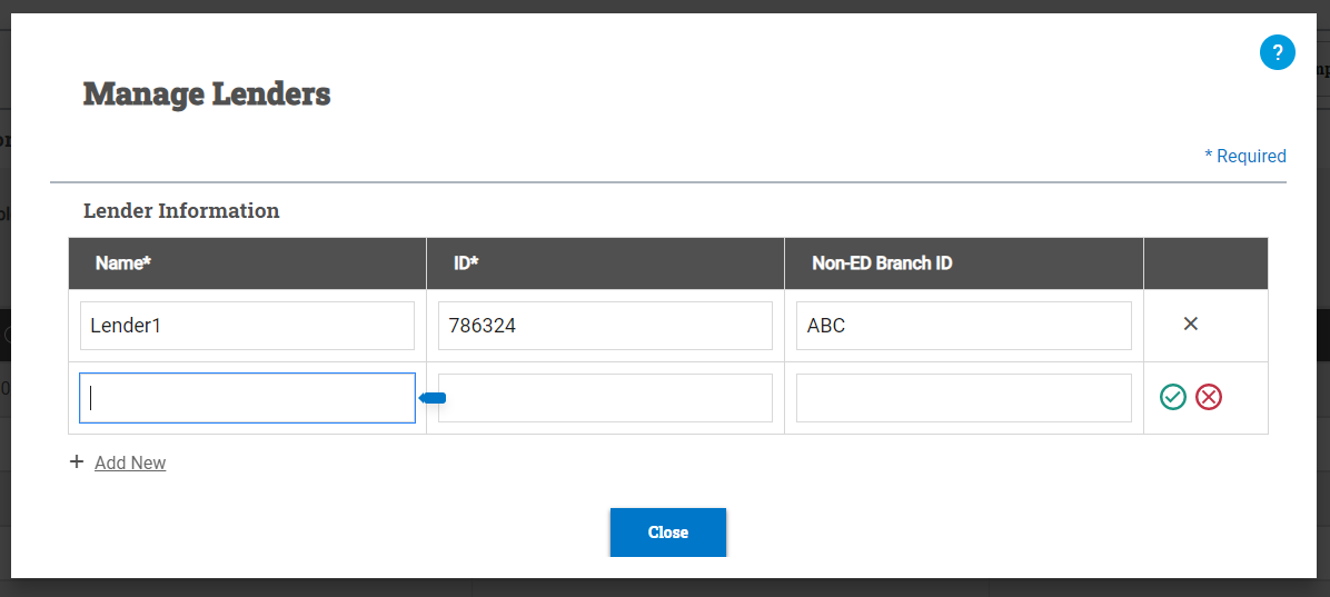 Manage Lenders window