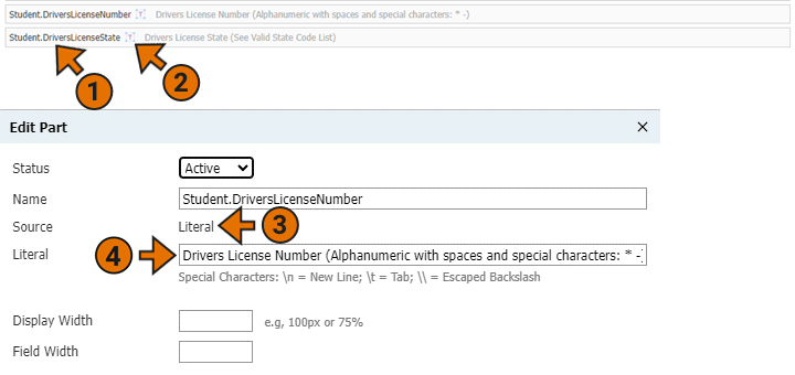 Image of the field label and edit part of a literal field in Slate, with the field label, text icon, source type, and literal description highlighted.