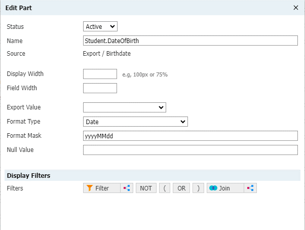 Edit window for a mapped field in Slate showing an Active status, field name of Student.DateOfBirth, Date Format Type, and a format Mask of yyyyMMdd.