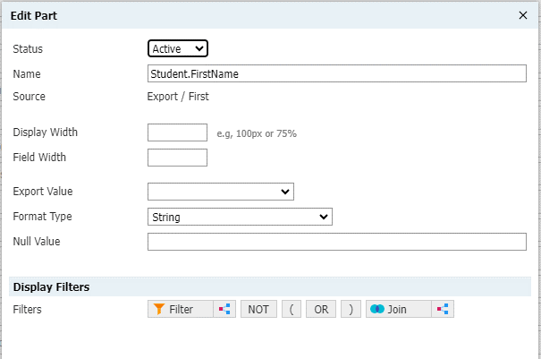 Edit window for a mapped field in slate showing an Active status, field name of Student.FirstName, and a String format type.