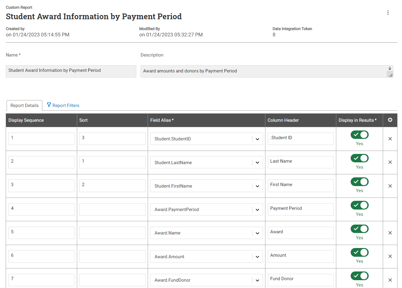 Custom reports page with the Report Details tab open.