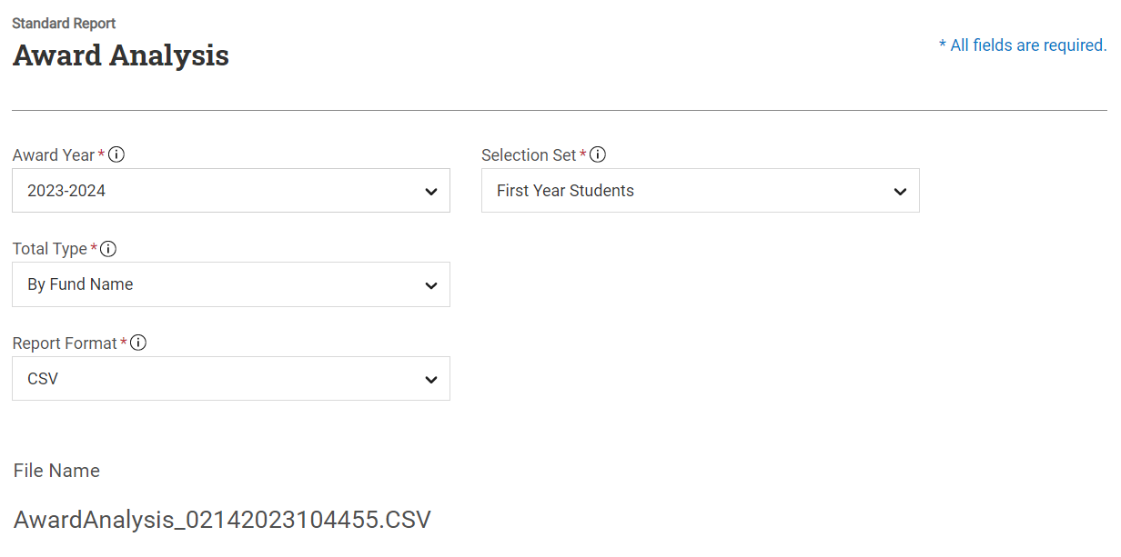 Award Analysis page with all fields populated and the filename at the bottom of the page highlighted.