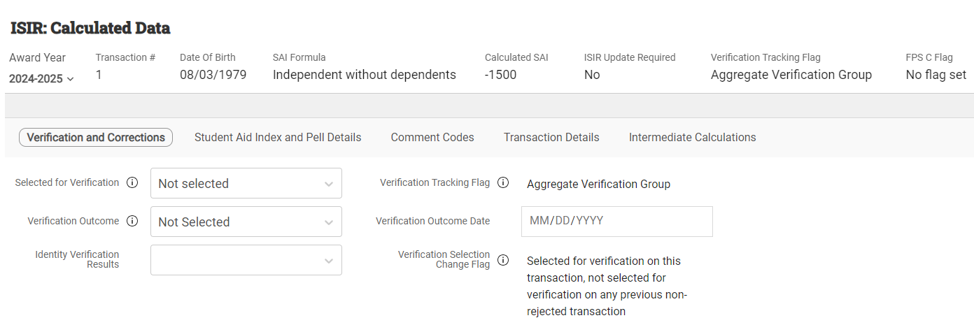 ISIR Calculated Data page of the student record with the Verification and Corrections section showing.