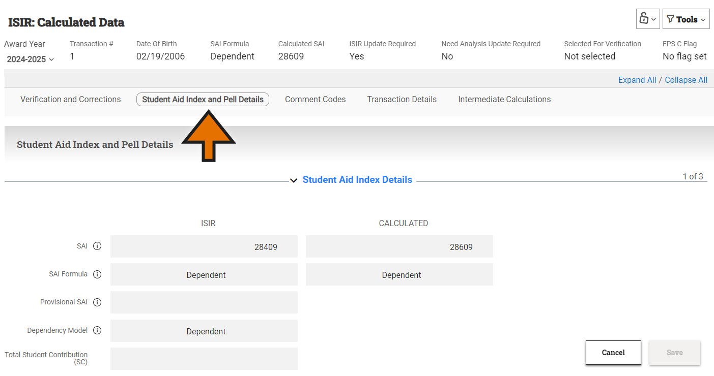 ISIR Calculated Data page on the student record with the Student Aid Index Details section expanded.