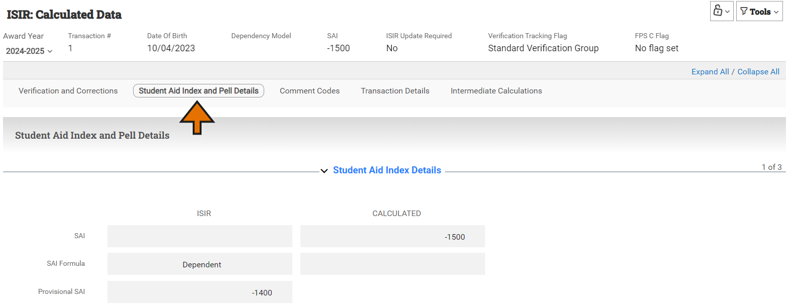 ISIR Calculated Data page on the student record with the Student Aid Index Details section expanded.