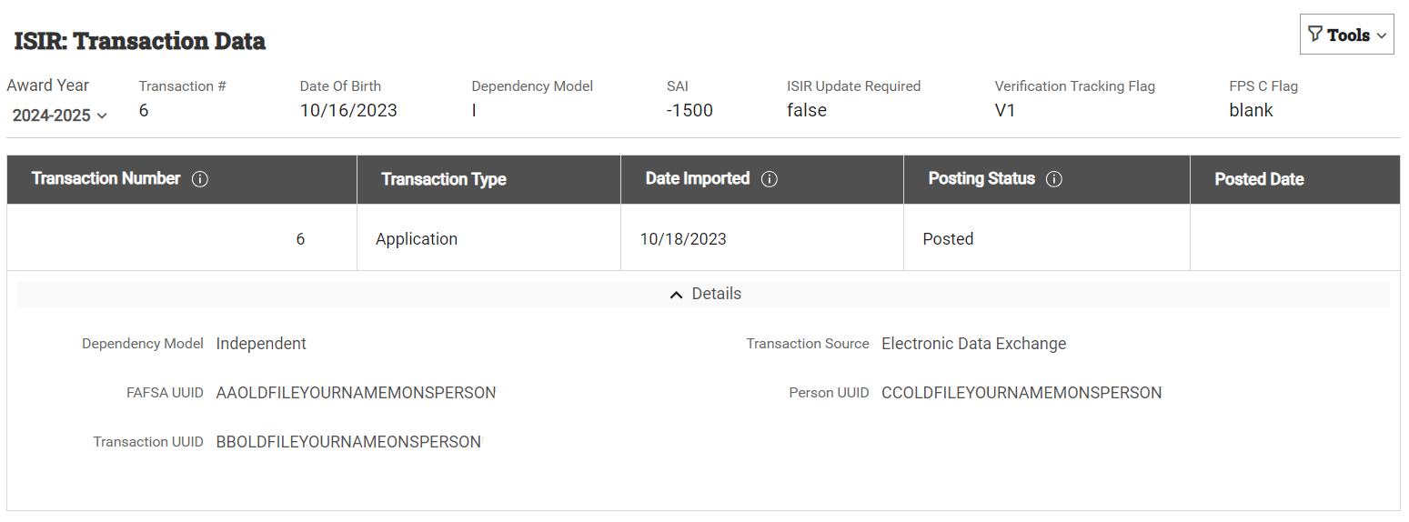 ISIR Transaction Data page with one posted transaction and the details section expanded.