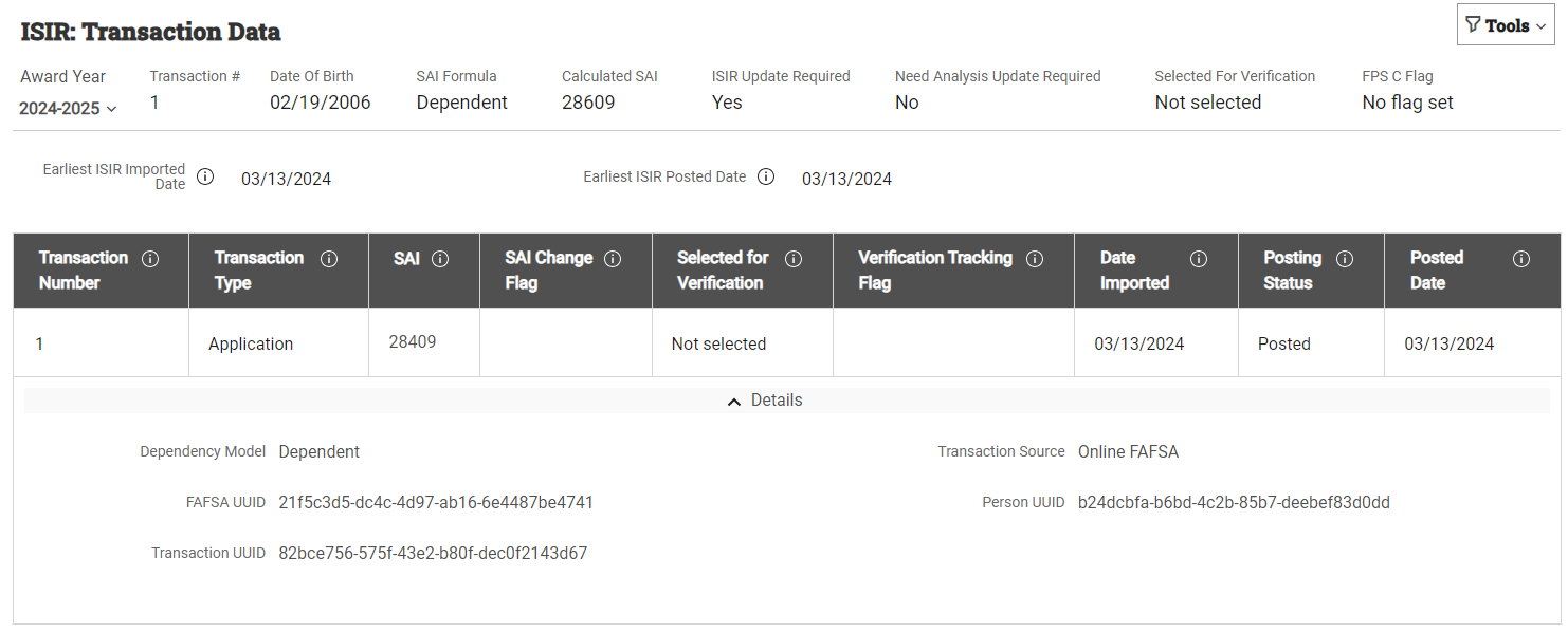 ISIR Transaction Data page with one posted transaction and the details section expanded.